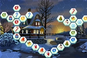 雪に覆われた夜の景色に暖かい光が灯る家とクリスマス風のアイコンが並ぶ六角形のタイル。