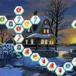 雪に覆われた夜の景色に暖かい光が灯る家とクリスマス風のアイコンが並ぶ六角形のタイル。