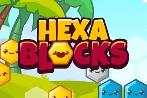 カラフルな六角形のブロックと「HEXA BLOCKS」の文字が描かれたデザイン背景。