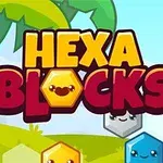 カラフルな六角形のブロックと「HEXA BLOCKS」の文字が描かれたデザイン背景。