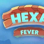 空の背景に、青い文字で「HEXA FEVER」と書かれたオレンジ色のバナー。