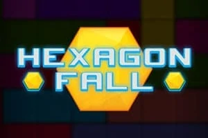黄色い六角形の背景に青い光る文字で「HEXAGON FALL」と書かれている。