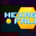 黄色い六角形の背景に青い光る文字で「HEXAGON FALL」と書かれている。