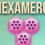 HEXAMERGEの大きな文字と3つのピンク色の六角形が並んでいるデザイン。