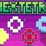 紫色の背景に緑色の文字で「HEXTETRIS」と表示され、下に4つのカラフルなブロックと指のアイコンがあります。