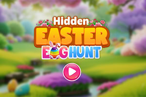 カラフルな文字で書かれた「Hidden Easter Egg Hunt」と中央にピンクの再生ボタンがある、明るく色彩豊かな風景。