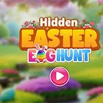 カラフルな文字で書かれた「Hidden Easter Egg Hunt」と中央にピンクの再生ボタンがある、明るく色彩豊かな風景。