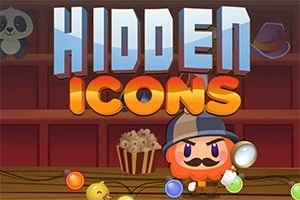 探偵帽をかぶったキャラクターが虫眼鏡を持っており、背景には「HIDDEN ICONS」という文字がある。