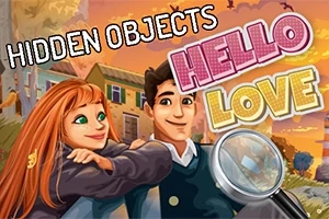 赤毛の女性と男性が並んで微笑んでいる背景に、文字「HIDDEN OBJECTS」と「HELLO LOVE」が表示されたカラフルなイラスト。