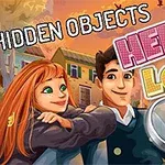 赤毛の女性と男性が並んで微笑んでいる背景に、文字「HIDDEN OBJECTS」と「HELLO LOVE」が表示されたカラフルなイラスト。