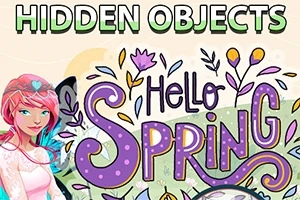 ピンクの髪のキャラクターと「Hello Spring」と書かれたカラフルなテキストが描かれた春をテーマにしたイラスト。