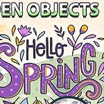 ピンクの髪のキャラクターと「Hello Spring」と書かれたカラフルなテキストが描かれた春をテーマにしたイラスト。