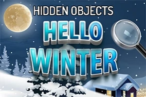 満月の夜空に「HIDDEN OBJECTS HELLO WINTER」と書かれたテキストと、雪の積もった家や木々、虫眼鏡が描かれた冬のシーン。