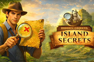 虫眼鏡と古い宝の地図を持つ探検家、右側に双眼鏡と「ISLAND SECRETS」の木製看板がある熱帯の島の風景