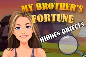 若い女性のイラストと「MY BROTHERS FORTUNE」と「HIDDEN OBJECTS」という文字、および背景に建物と虫眼鏡。