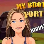 若い女性のイラストと「MY BROTHERS FORTUNE」と「HIDDEN OBJECTS」という文字、および背景に建物と虫眼鏡。
