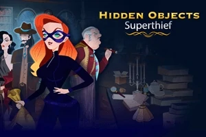 仮面をつけた赤い髪の女性が暗い部屋で周囲を警戒しながら立ち、他のキャラクターとともに行動している。