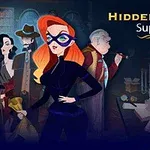 仮面をつけた赤い髪の女性が暗い部屋で周囲を警戒しながら立ち、他のキャラクターとともに行動している。