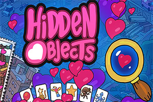 紫色の背景に「Hidden Objects」と書かれたテキストとハート、虫眼鏡、カードが配置されている賑やかなイラスト。