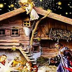 木造の小屋の前に集まる人々と明るく輝く星が描かれた夜空の風景。