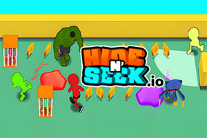 カラフルなキャラクターたちが緑色の背景で遊んでいるシーンと「HIDE N SEEK