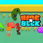 カラフルなキャラクターたちが緑色の背景で遊んでいるシーンと「HIDE N SEEK
