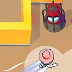 黄色い建物の迷路の中で、ピンクの帽子を被ったキャラクターが檻に入った赤い目と紫色の帽子を被った物体を通り過ぎている。