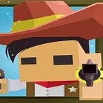 カウボーイのキャラクターが銃を手に構えているイラスト。