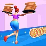 女性がピンクの背景の前で両手にパンケーキを持ちながら青い通路を走っている。
