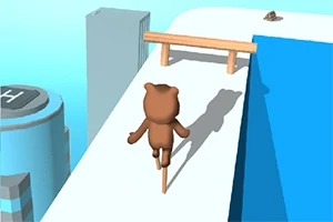 茶色のクマのキャラクターが高所の白い道を一輪車で進んでいる。