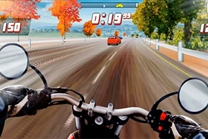 バイクのハンドル越しに見える秋の木々が並ぶ道路を猛スピードで走っている様子。