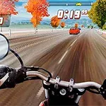 バイクのハンドル越しに見える秋の木々が並ぶ道路を猛スピードで走っている様子。