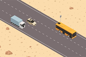砂漠の中の道路を走るバス、トラック、車のイラスト。
