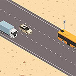 砂漠の中の道路を走るバス、トラック、車のイラスト。