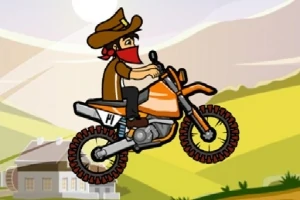 カウボーイの服装をした人物がオレンジ色のバイクに乗ってジャンプしている。