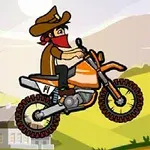 カウボーイの服装をした人物がオレンジ色のバイクに乗ってジャンプしている。