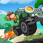 サングラスをかけた猿が緑色のジープでジャンプしている、背景にビーチとヤシの木があるイラスト。