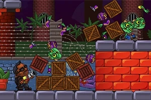 キャラクターが赤いレンガの壁の前でゾンビと箱を背景に立っているシーン。