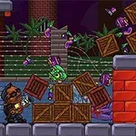 キャラクターが赤いレンガの壁の前でゾンビと箱を背景に立っているシーン。