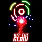 黒い背景に、中央に赤い光で覆われた円とその周りの緑と白の光のリング、下部に「HIT THE GLOW」というテキスト。