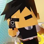 四角いキャラクターが拳銃を持ち、ビルの前を飛んでいる。