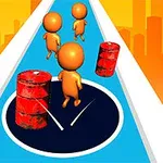 青い道を走るオレンジ色のキャラクターたちと、道の上にある赤いドラム缶。