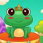 王冠をかぶったカエルが台の上に座っている可愛らしいイラスト。