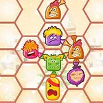 蜂の巣状の背景に6つのカラフルで異なる表情を持つキャラクターが配置されています。