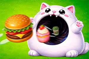 ハンバーガーとカップケーキを吸い込む、口を大きく開けた白い猫のキャラクター。