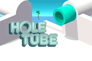 青い空と海を背景に、白い建物の中に「HOLE TUBE」という文字があり、遠くにヤシの木が見える。