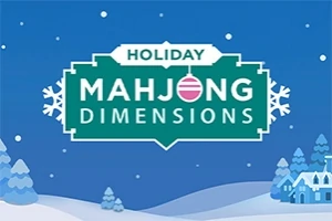 雪に覆われた冬の風景を背景に、中央に「HOLIDAY MAHJONG DIMENSIONS」と書かれた緑のサインボード。