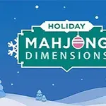 雪に覆われた冬の風景を背景に、中央に「HOLIDAY MAHJONG DIMENSIONS」と書かれた緑のサインボード。