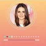オレンジからピンクにグラデーションした背景に、中央に女性の写真が円形で配置され、その下に色付きの丸とバーが並んでいる。