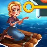 いかだに座って困っている表情の金髪の女性と、大きな鍵のイラスト。